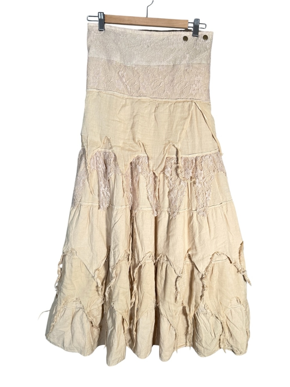 Cotton Beige Boho Tiered Maxi Skirt Wrap Distressed Fairy Grunge Modest M